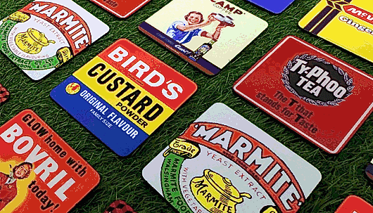 A selection of magnets with vintage label designs, like Bird's Custard and Marmite