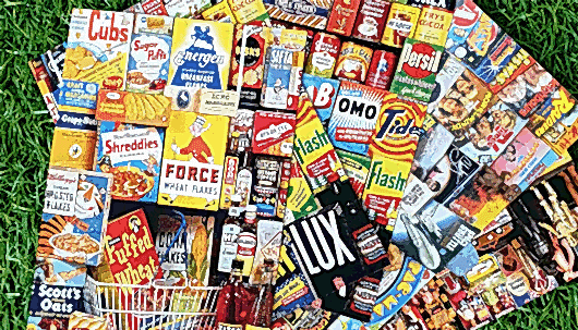 A selection of vintage brands in a shopping basket