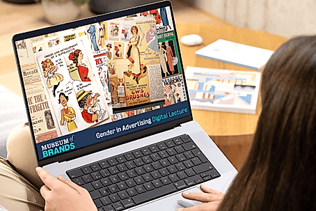 Student on laptop showing a slide from the Museum of Brands Gender in Advertising Digital Workshop, showing a collage of adverts featuring from 1910s.