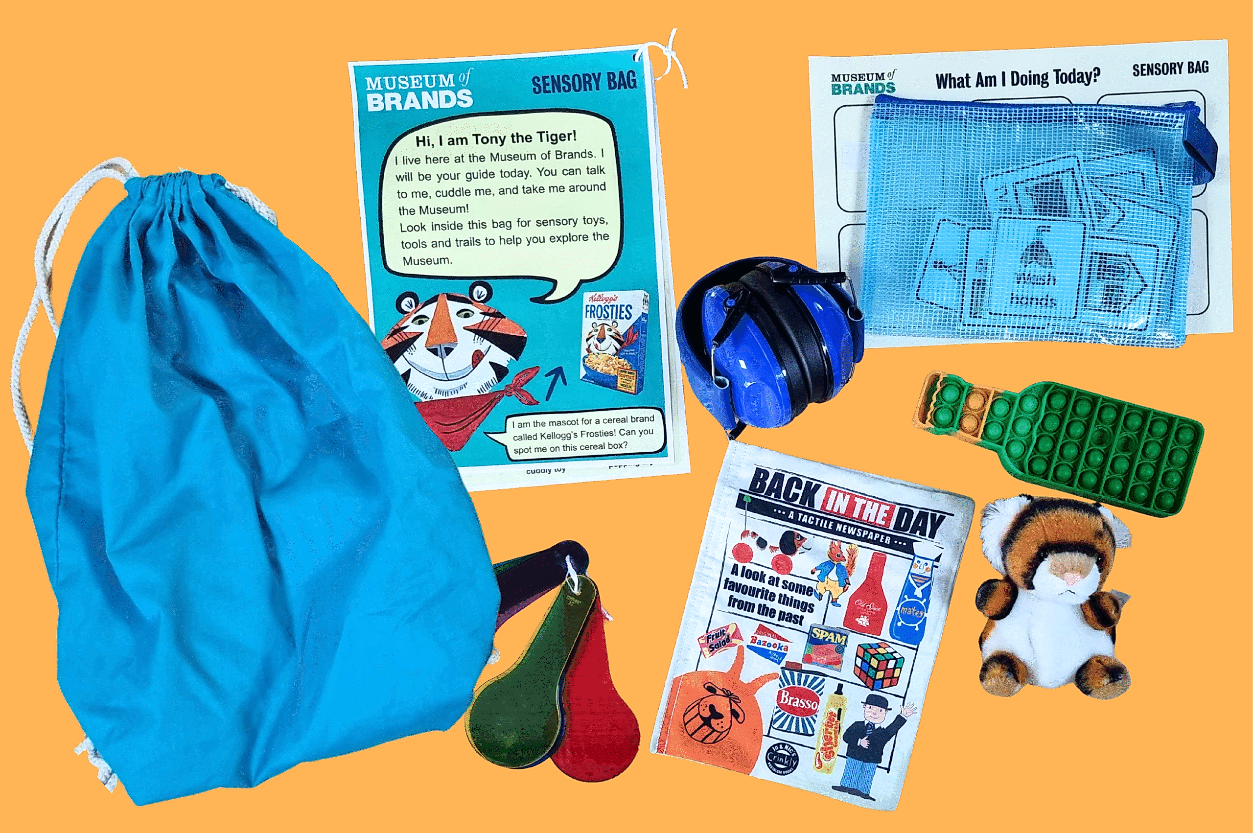 Image of a blue drawstring rucksack laid out next to items from our sensory bags. This includes coloured lens paddles, a newspaper sensory toy, a small tiger cuddly toy, a bottle fidget toy, ear defenders, a printed guide, and schedule tiles in a blue bag.